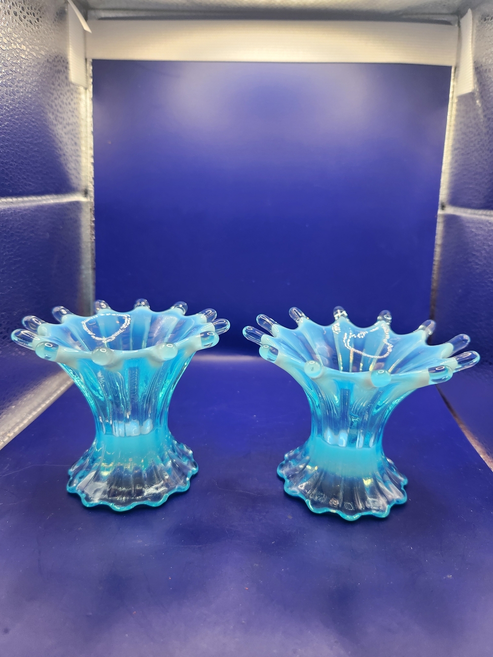 Vintage Fenton Blue Opalescent  Glass Ruffled Candle Holders, Set Of 2, Glows